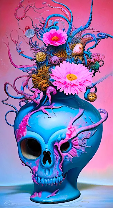 a painting of a skull with flowers in its head