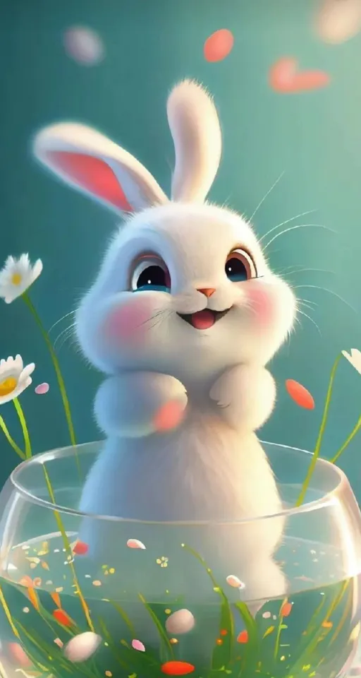 a white bunny sitting in a bowl of water
