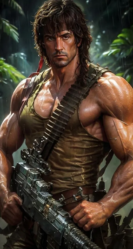 a man holding a machine gun in a jungle