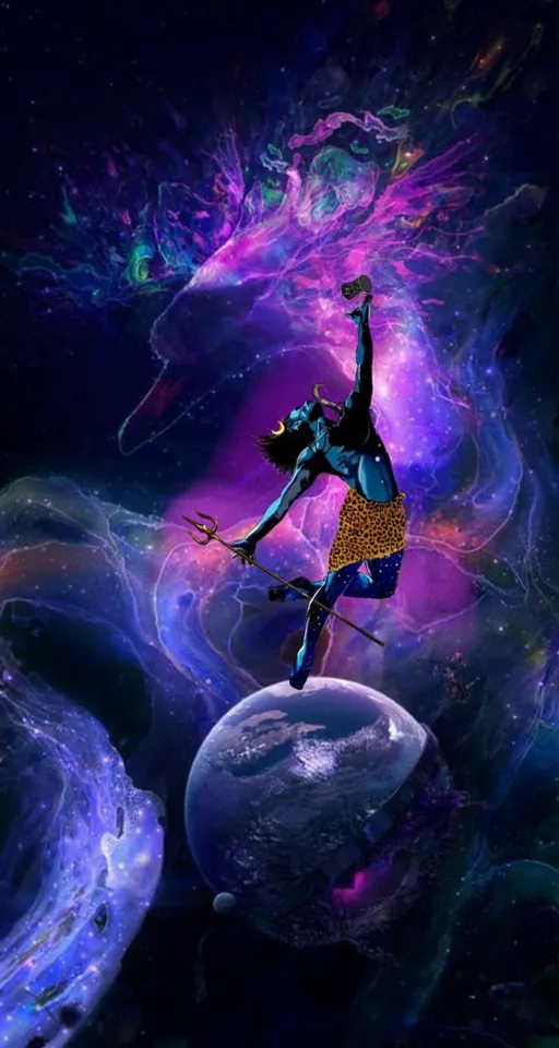 A painting of a woman on a rock in space. With an attached body in devil white wings and ultra uv light in space. Attached body in devil white wings and ultra uv light in space