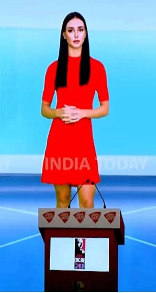 a woman in a red dress standing at a podium