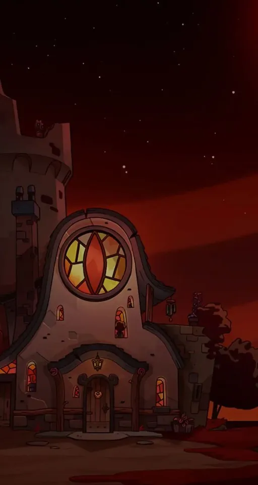 a cartoon house with a red sky in the background