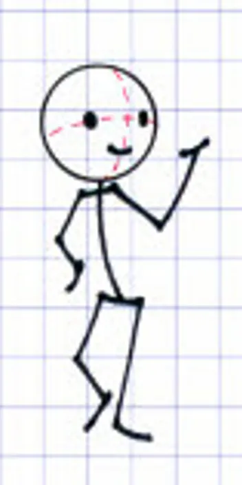 a drawing of a person with a red dot on his face. vertebrate, human body, cartoon, gesture, art, line, happy, font, pattern, circle