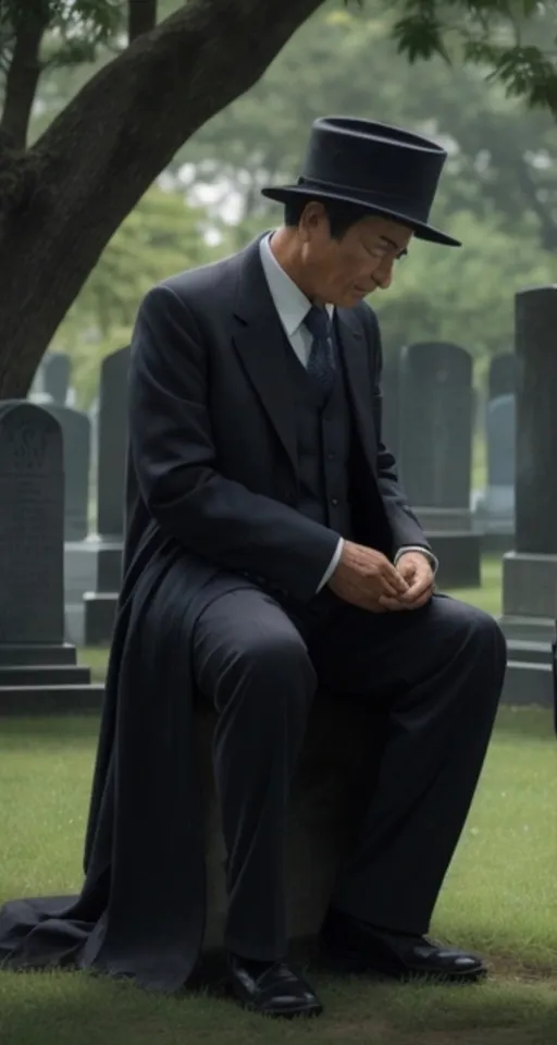 a man in a suit and hat sitting on a grave
