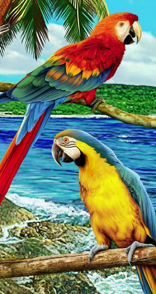 a painting of two parrots sitting on a branch