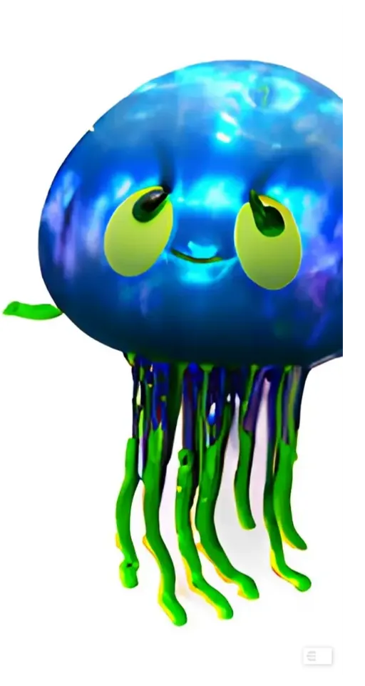 a blue and green jellyfish with two eyes