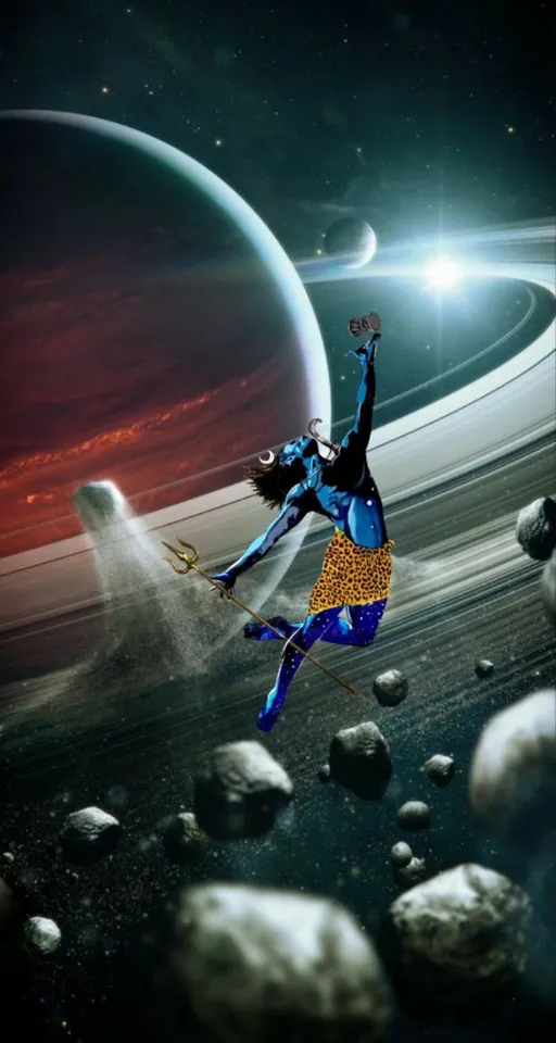 a man is flying through the air in front of a planet