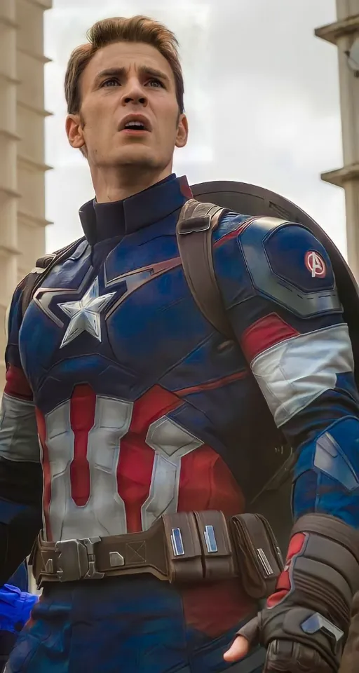 a man in a captain america costume standing in front of a building