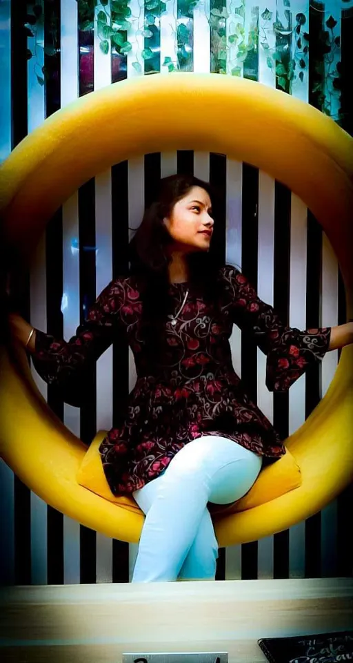 a woman is sitting on a banana chair