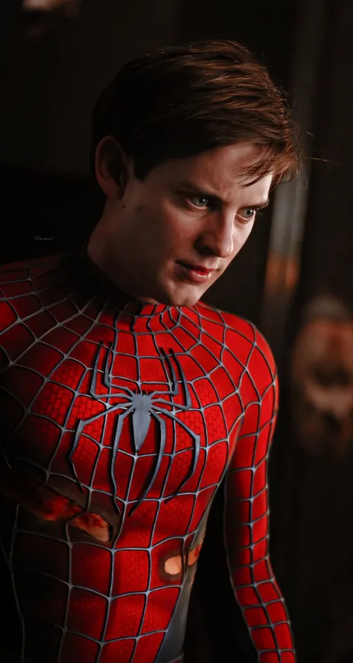 a young man in a spider suit looking at the camera
