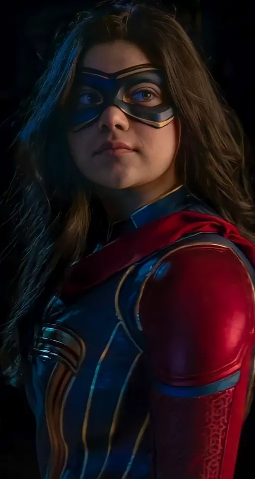 a woman in a red and blue costume