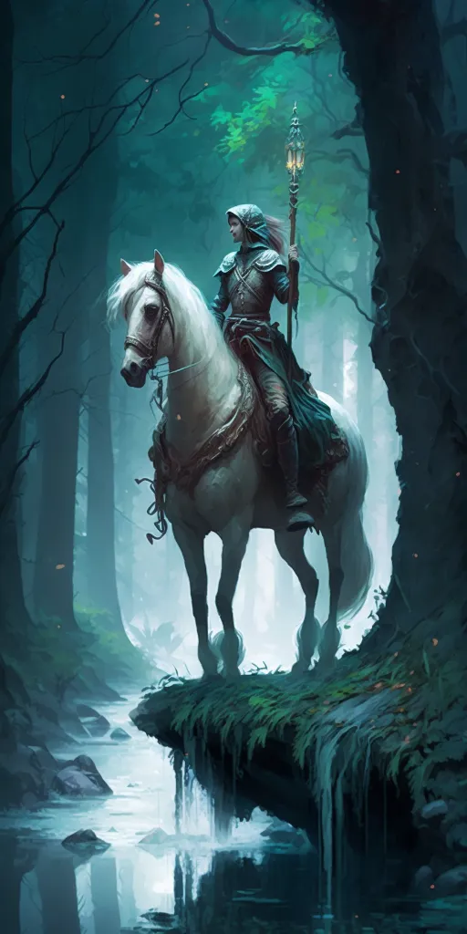 a man riding on the back of a white horse in a forest