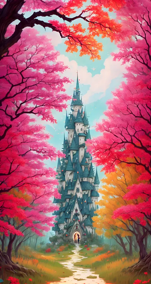 a painting of a castle surrounded by trees