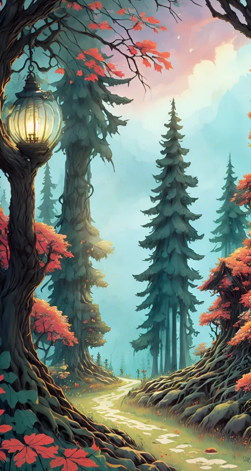 a painting of a path through a forest