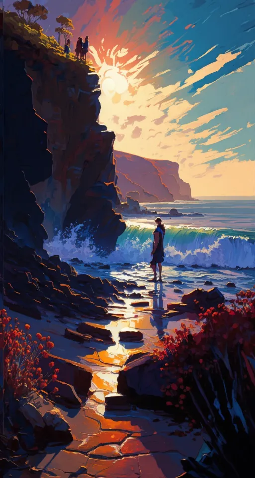 a painting of a person walking on a rocky beach