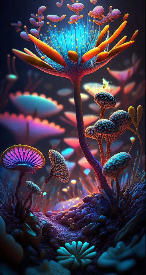a painting of mushrooms and plants on a dark background