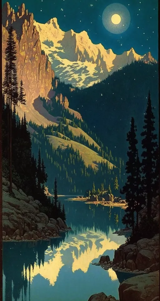 A Painting of a Mountain Lake with a Full Moon : 1 | Clean, Symmetrical and Beautiful. make it clean, symmetrical and beautiful