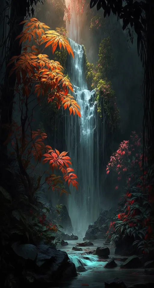 a painting of a waterfall in the middle of a forest