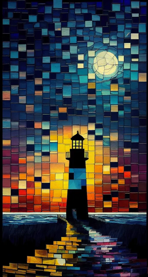 a painting of a lighthouse with a full moon in the background