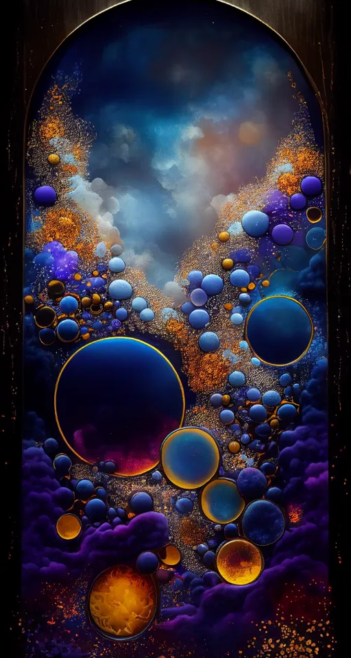 an abstract painting of blue and yellow bubbles