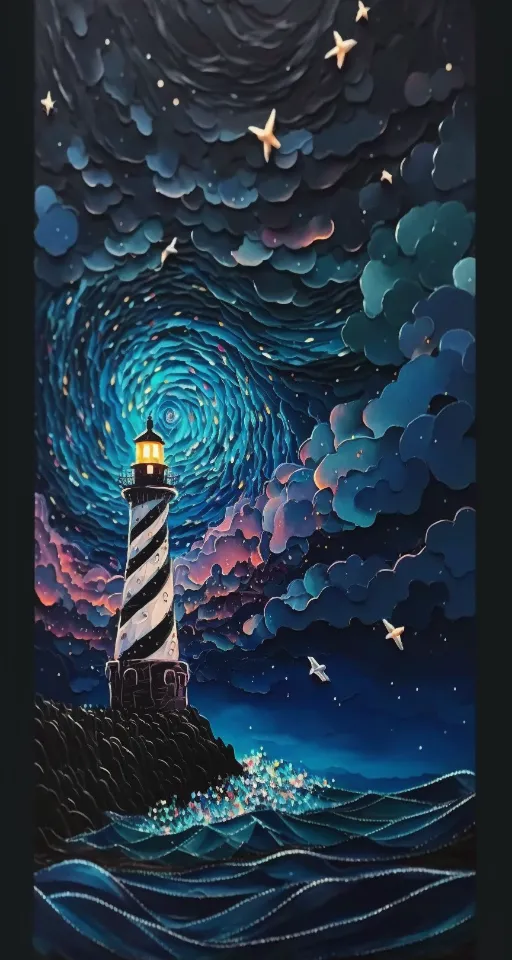 a painting of a lighthouse in the middle of the ocean