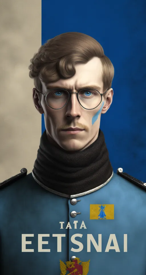 A painting of an alien in a uniform. Replace the man in uniform with an alien