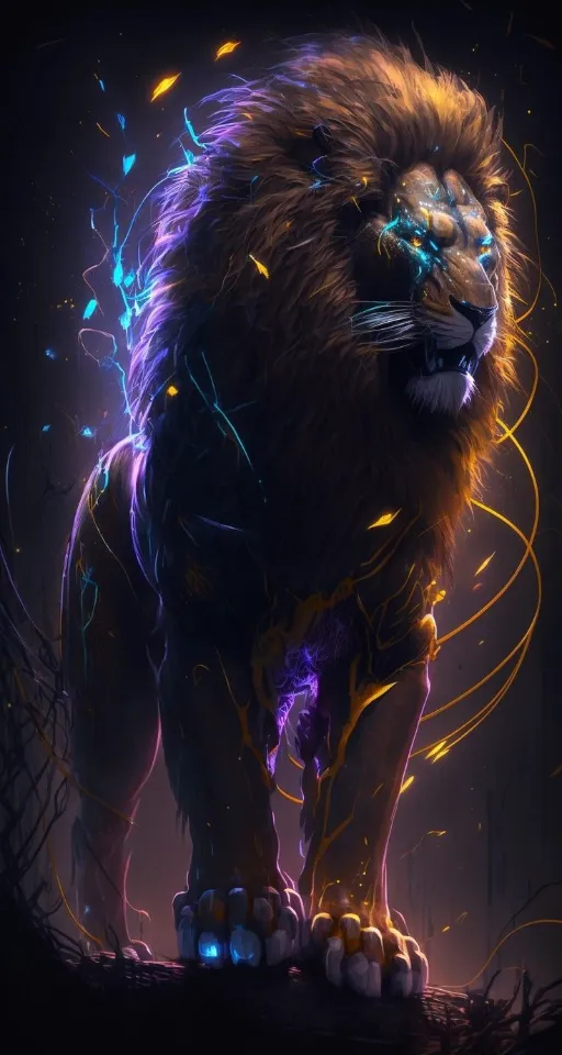 a digital painting of a lion standing in the dark