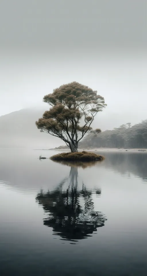 a lone tree sitting in the middle of a lake