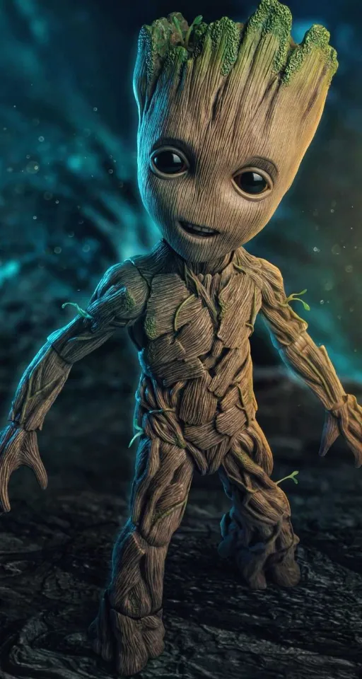 a baby groote is standing in the dark