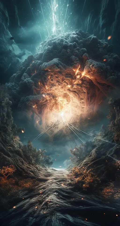 a painting of an exploding cloud in the middle of a forest