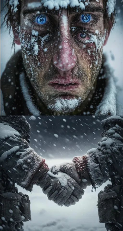 a man with blue eyes holding his hands in the snow