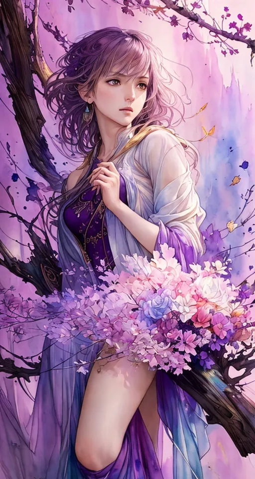 a woman in a purple dress holding a bouquet of flowers