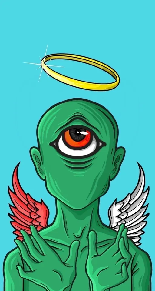 a green alien with red eyes and a halo above his head