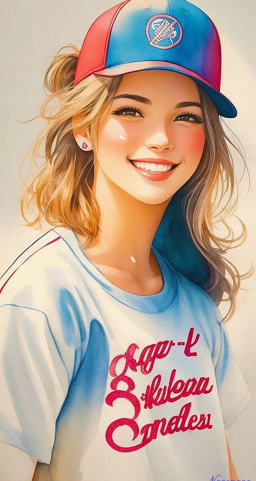 a painting of a girl wearing a baseball cap