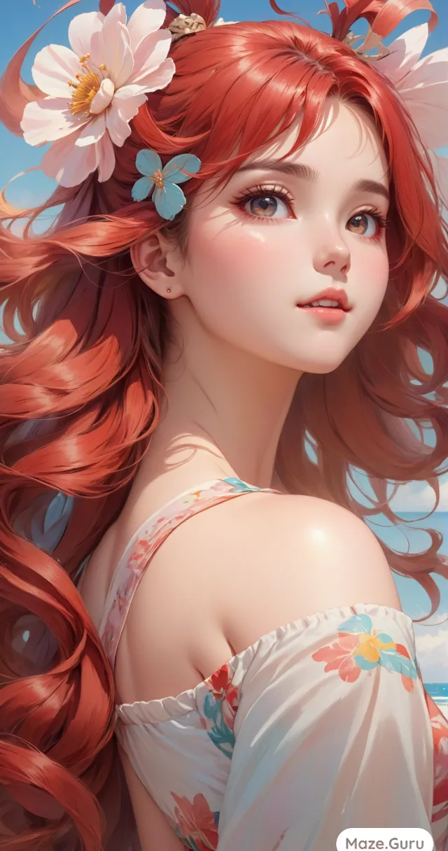 a girl with long red hair and flowers in her hair