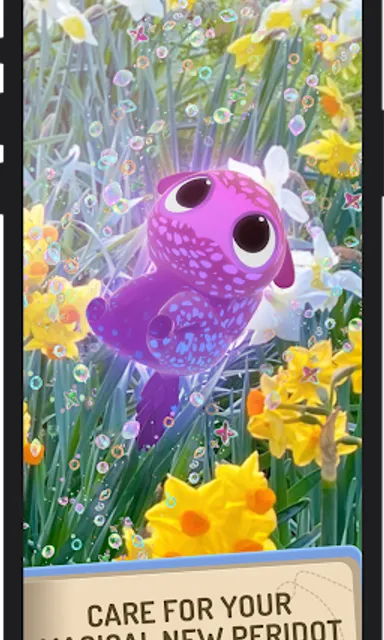 a picture of a purple toy in a field of flowers