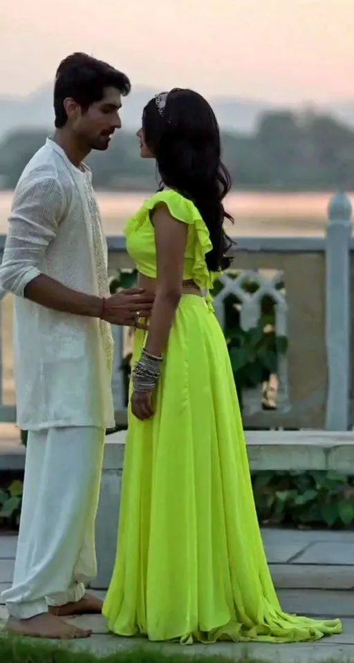 a man and woman in a yellow dress standing next to a lake