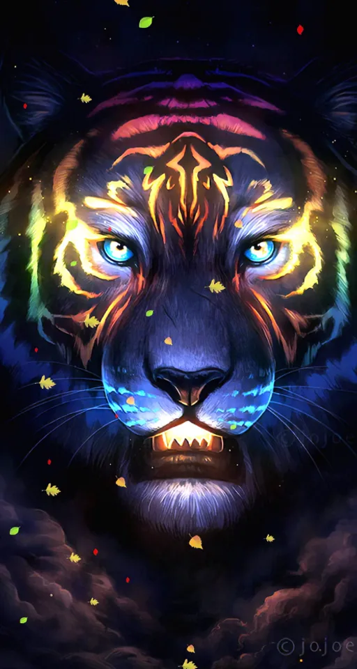 a painting of a tiger with blue eyes