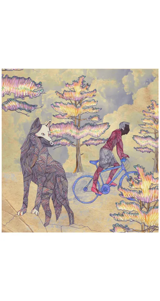 a drawing of a man riding a bike next to a dog