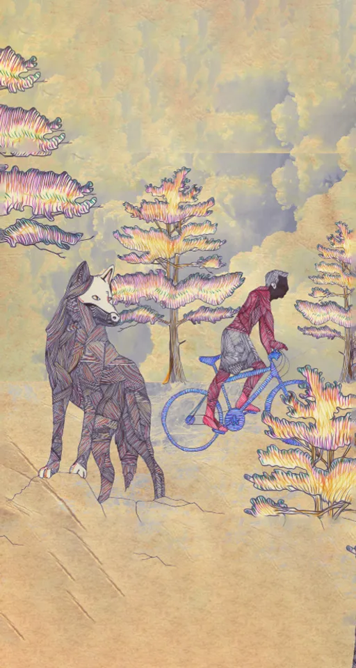 a painting of a man riding a bike next to a cow