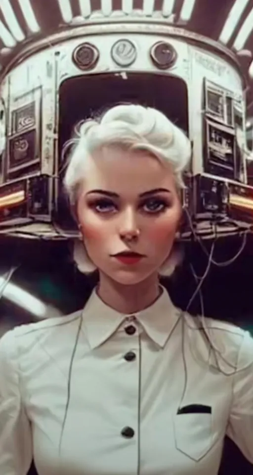 a woman with white hair wearing headphones in front of a train