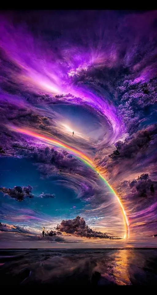 a rainbow colored sky with clouds and a rainbow