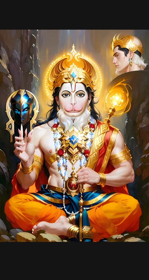 a painting of a hindu god sitting on a rock