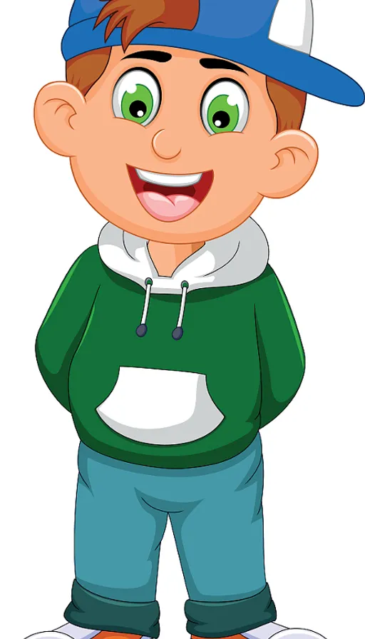 a cartoon boy wearing a blue hat and green shirt