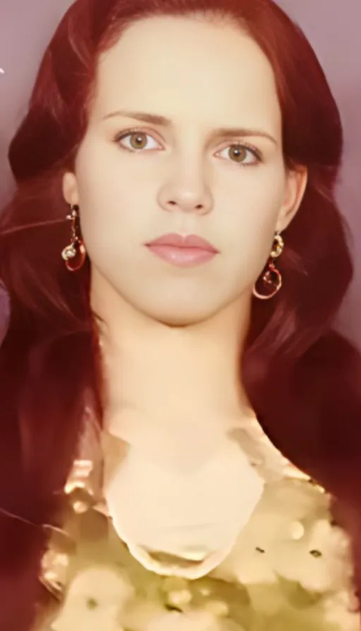 a woman with long red hair wearing earrings