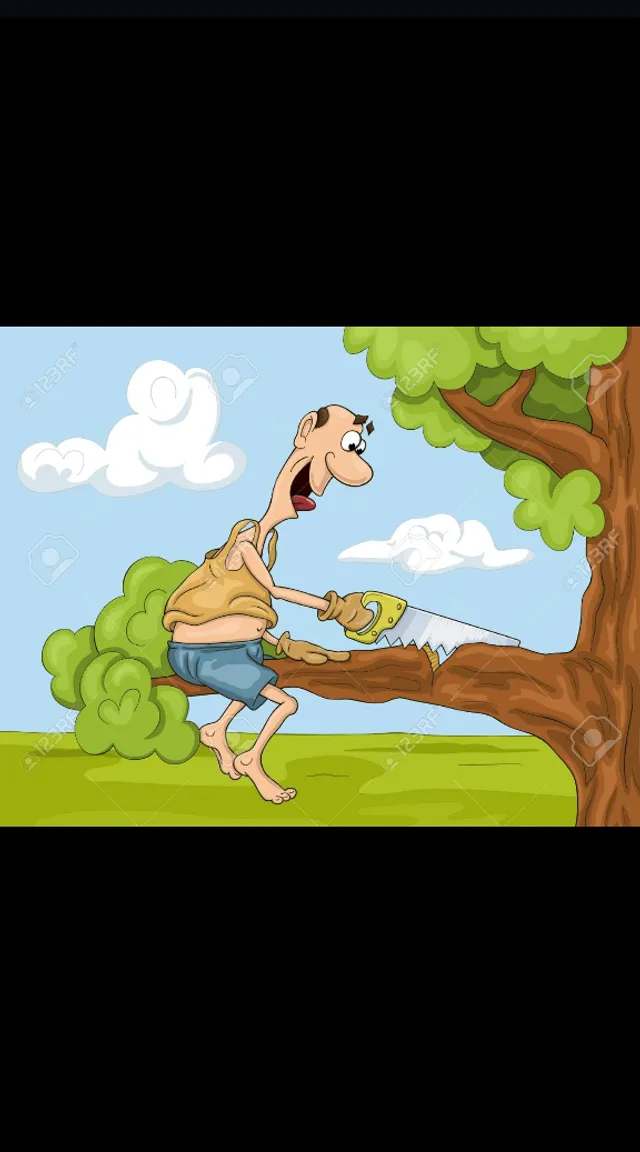 a cartoon man cutting  a tree branch he is sitting on