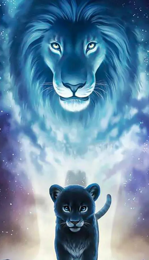 a Lion and Black Cat standing in front of a Darkened Night Sky. darken the sky to match the lion's fur