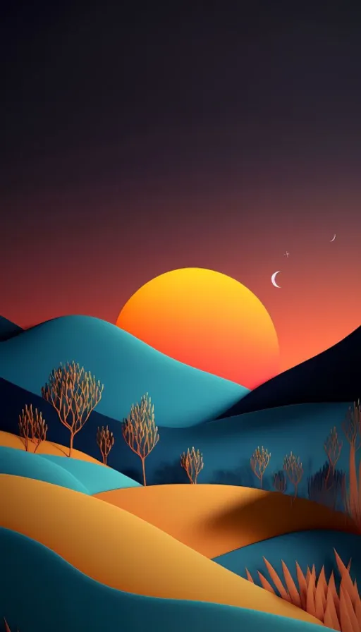 A Painting of a Beautiful Desert Landscape with Animals and Sun Round the Sky and Stars; Binks' Surface is Changing into a Beautiful Place. Add  animals and sun round the sky and stars Binks and surface are changing into beautiful place