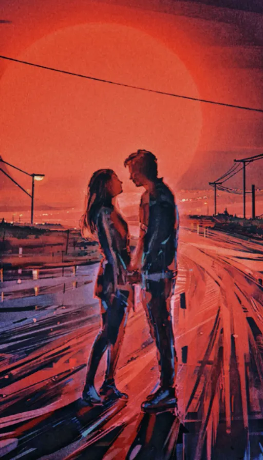 Make couple standing on street and the big sun background as it is