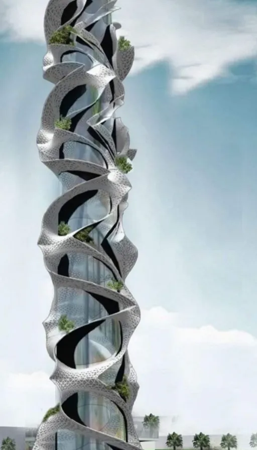 a tall tower with a spiral design on top of it